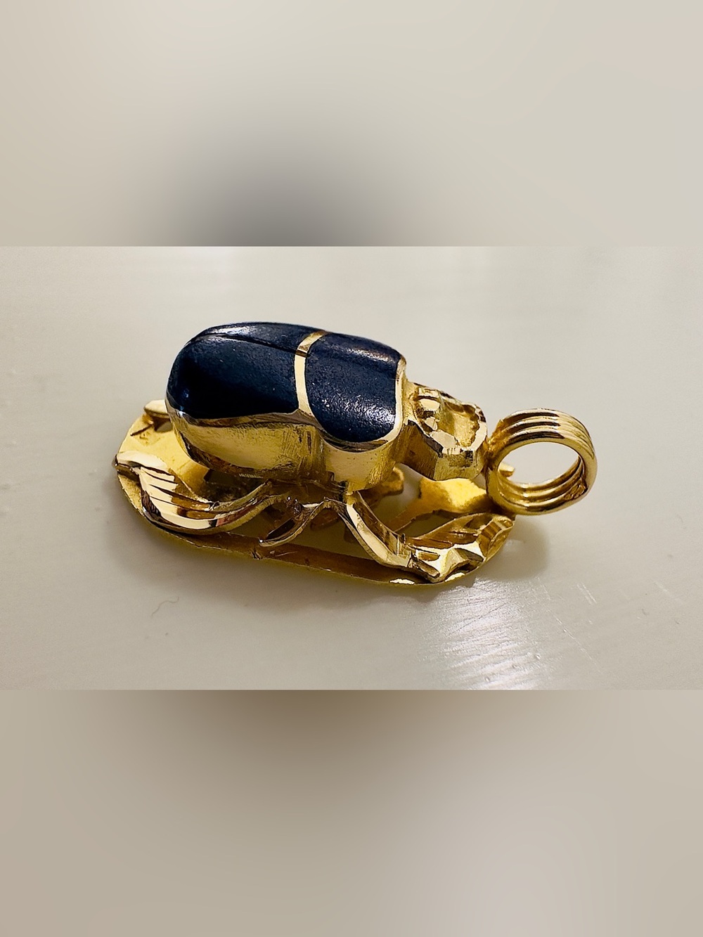 Vintage 18k Gold Lapis Lazuli Scarab Beetle Pendant Egyptian Revival 5.3g 1.2”